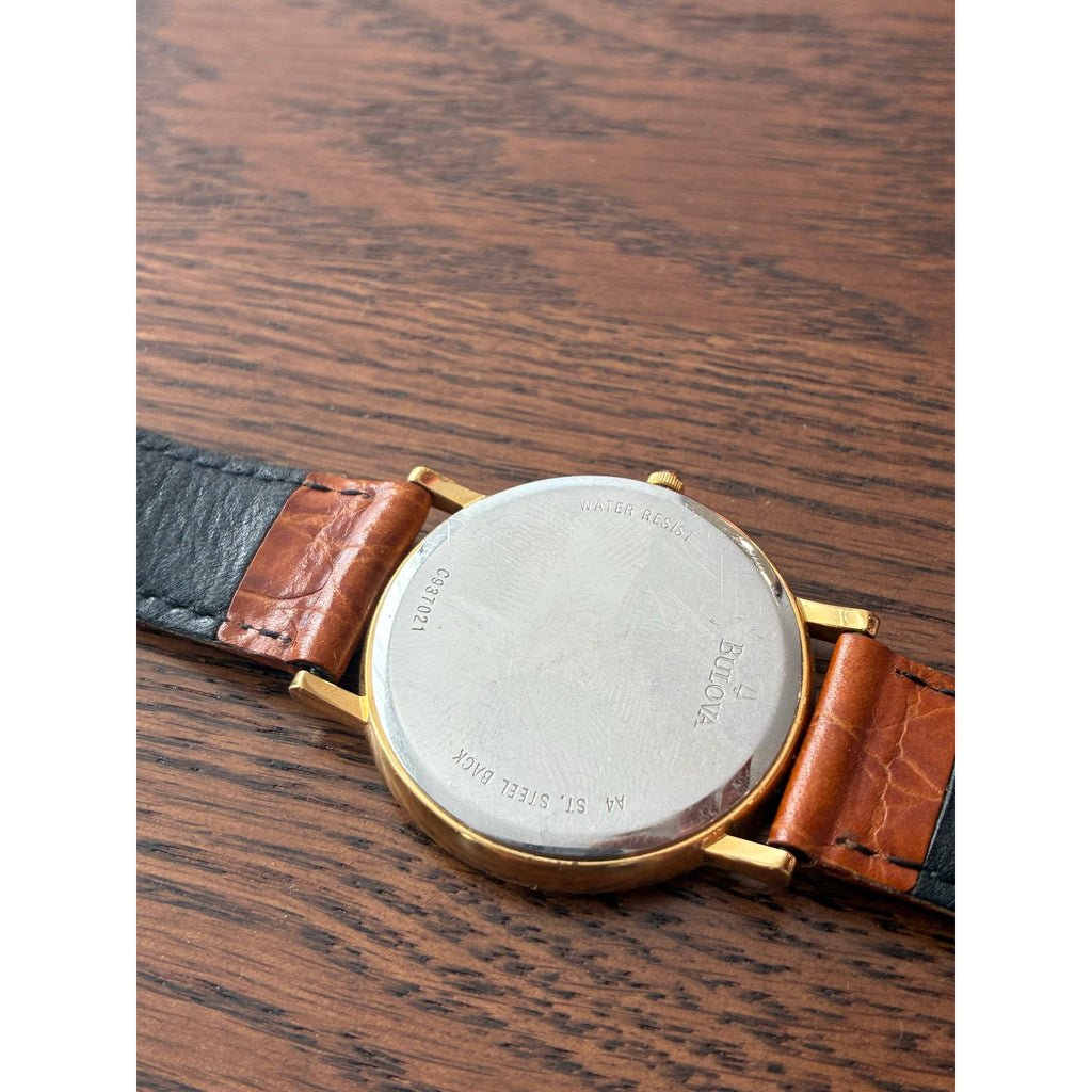 Bulova Men’s Gold Tone Quartz Dress Watch Textured Dial Brown Leather Runs