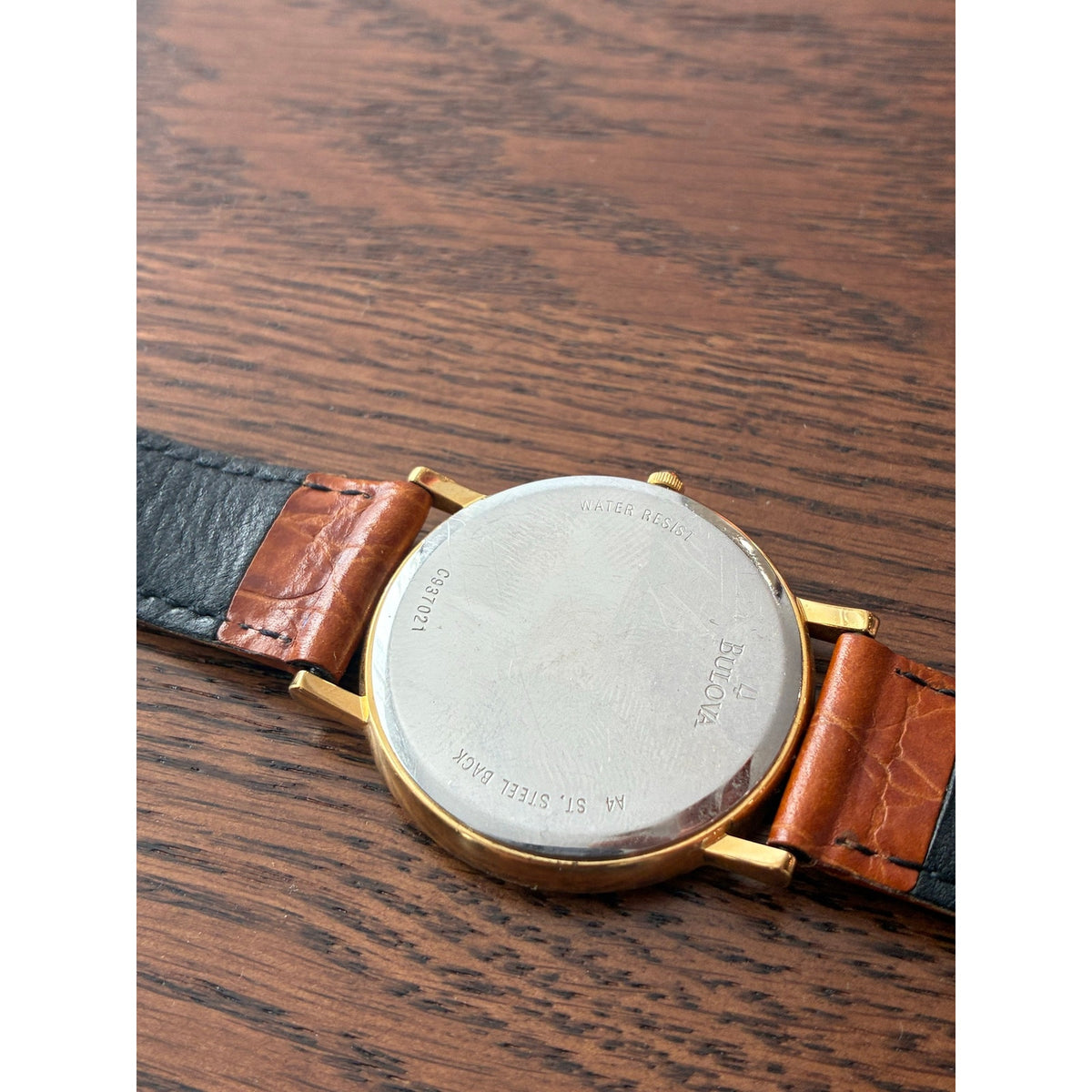 Bulova Men’s Gold Tone Quartz Dress Watch Textured Dial Brown Leather Runs