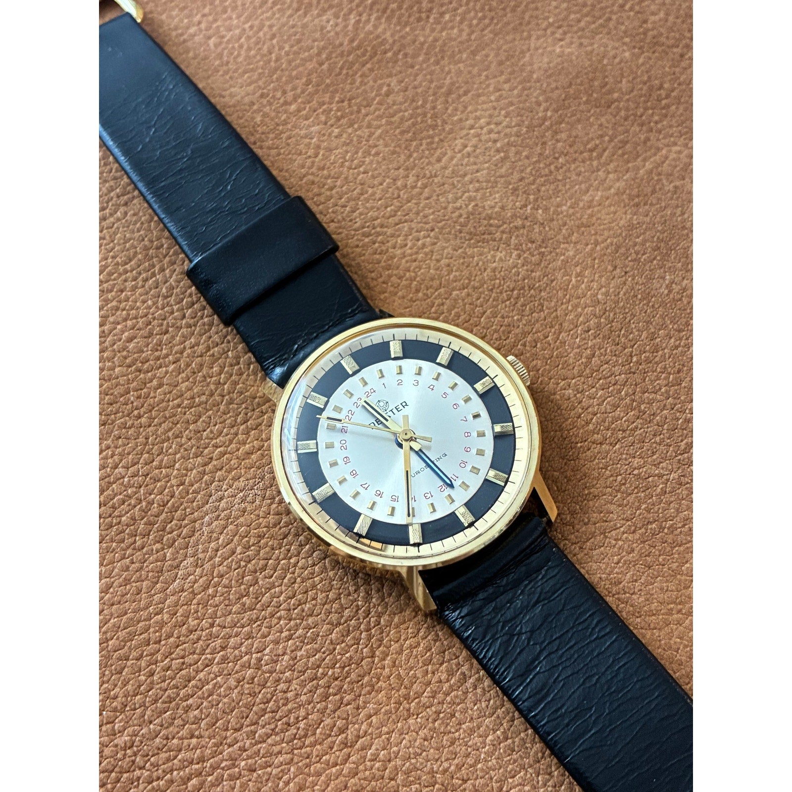 Vintage Reister Swiss Manual Wind 24 Hour Display Gold Tone Men’s Watch Rare