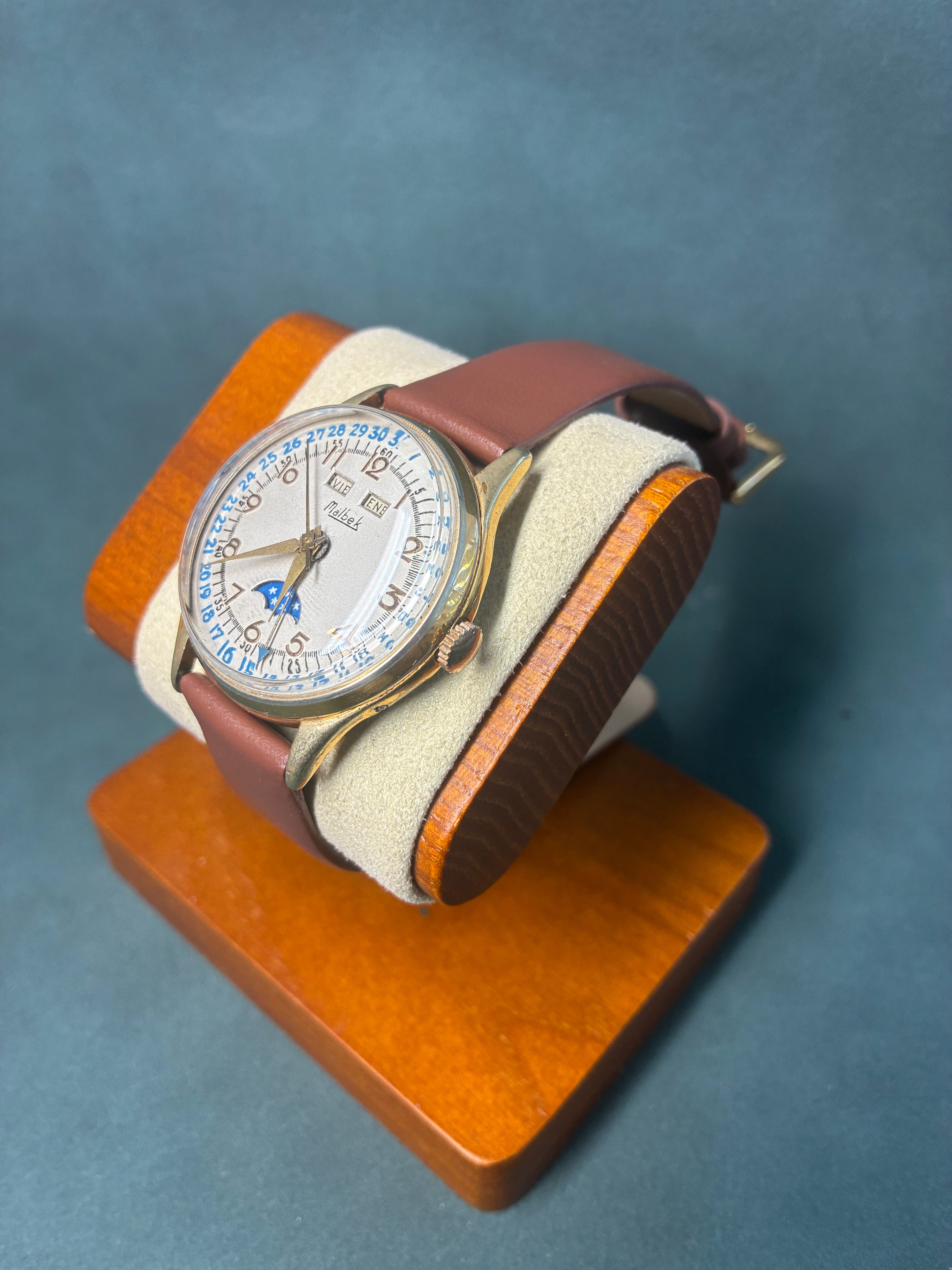 Vintage 50's Malbek Triple Calendar Moonphase Watch; Day, Date, Month Running Mid Century