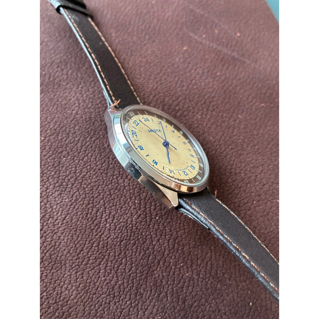 Vintage Raketa 24 Hour Russian Mechanical Watch Rotating Bezel Cream Dial