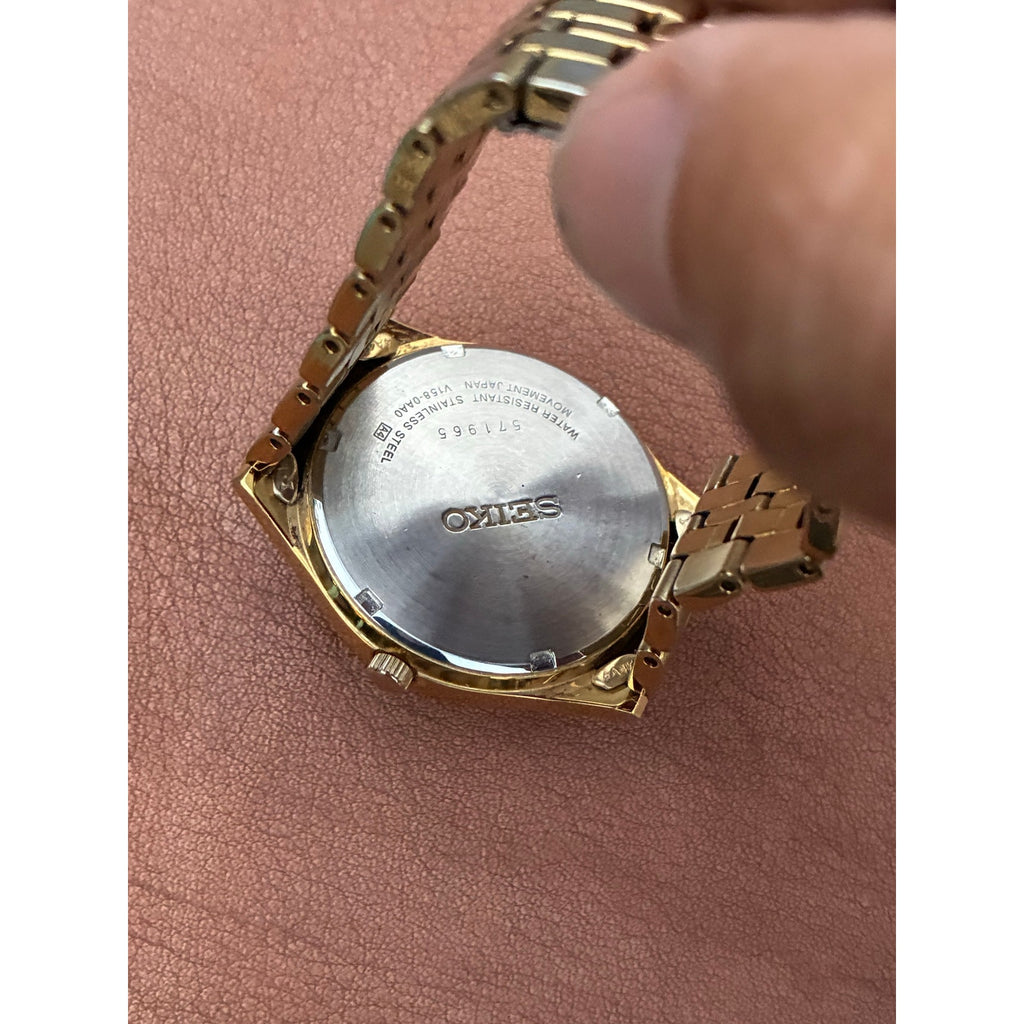 Vintage Seiko Solar V158 Gold Tone Champagne Dial Day Date Men's Watch