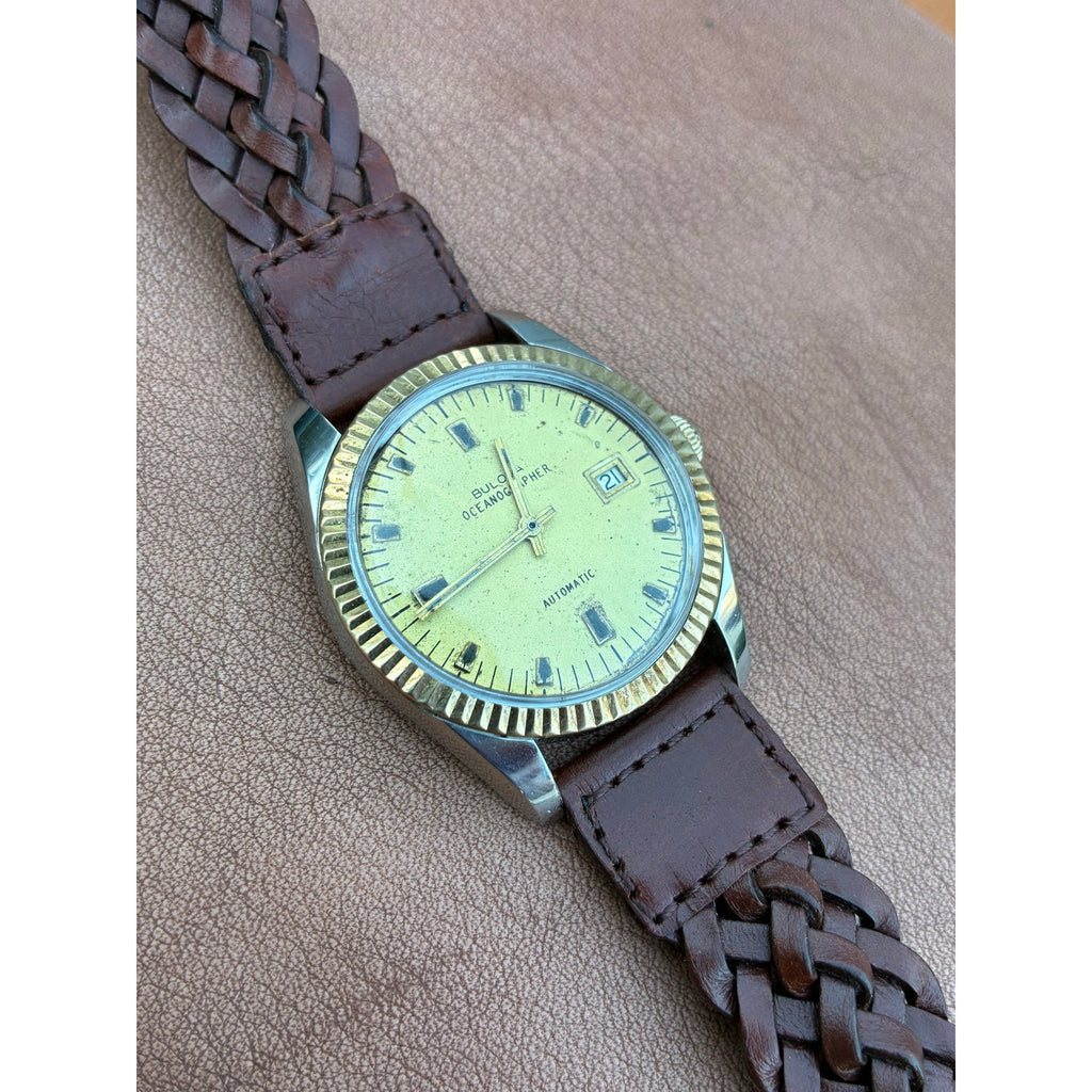 Vintage Bulova Oceanographer Automatic Solid 10K Gold Bezel Watch Running