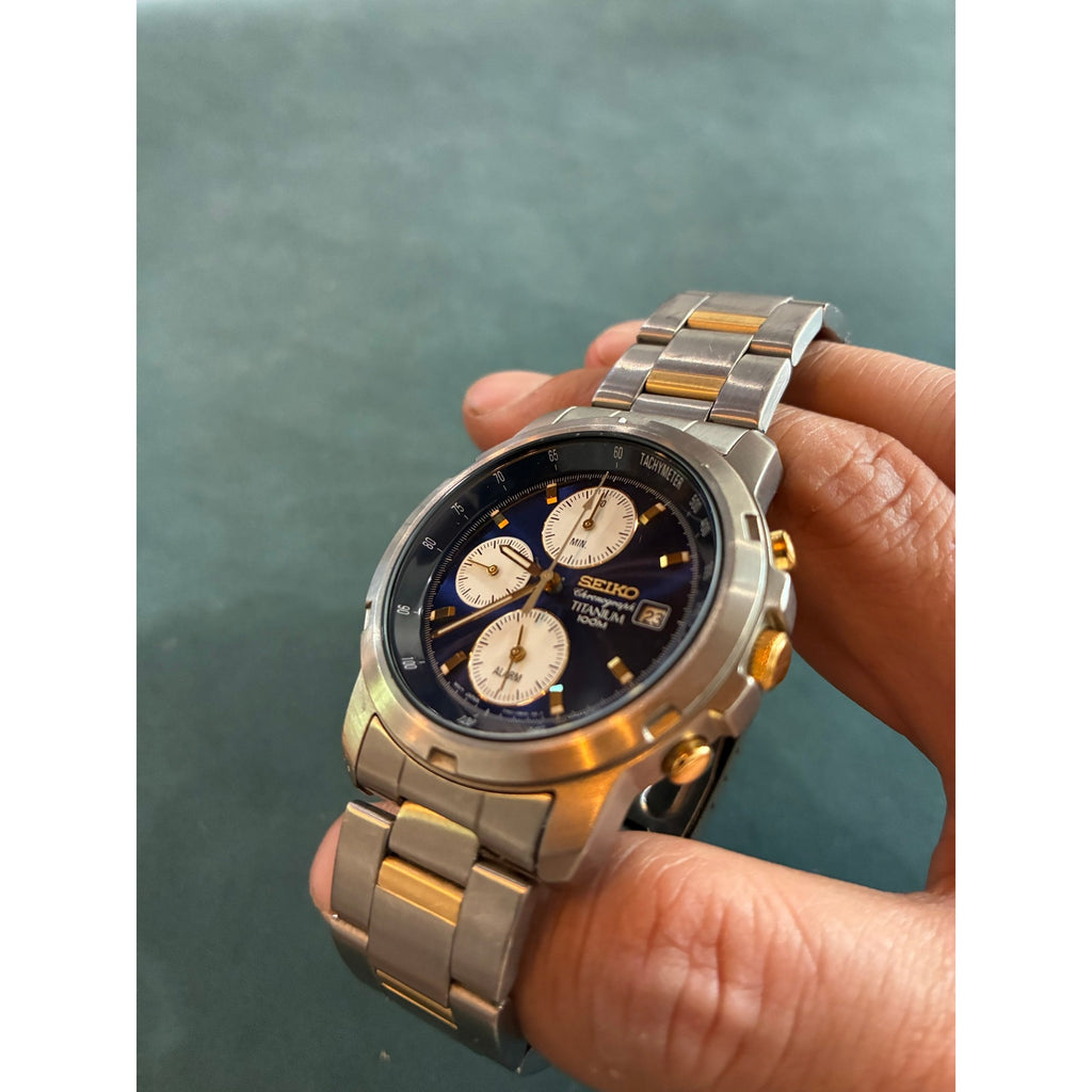 Vintage Seiko Titanium 100M 7T32 Alarm Chronograph Blue Panda Dial Two-Tone