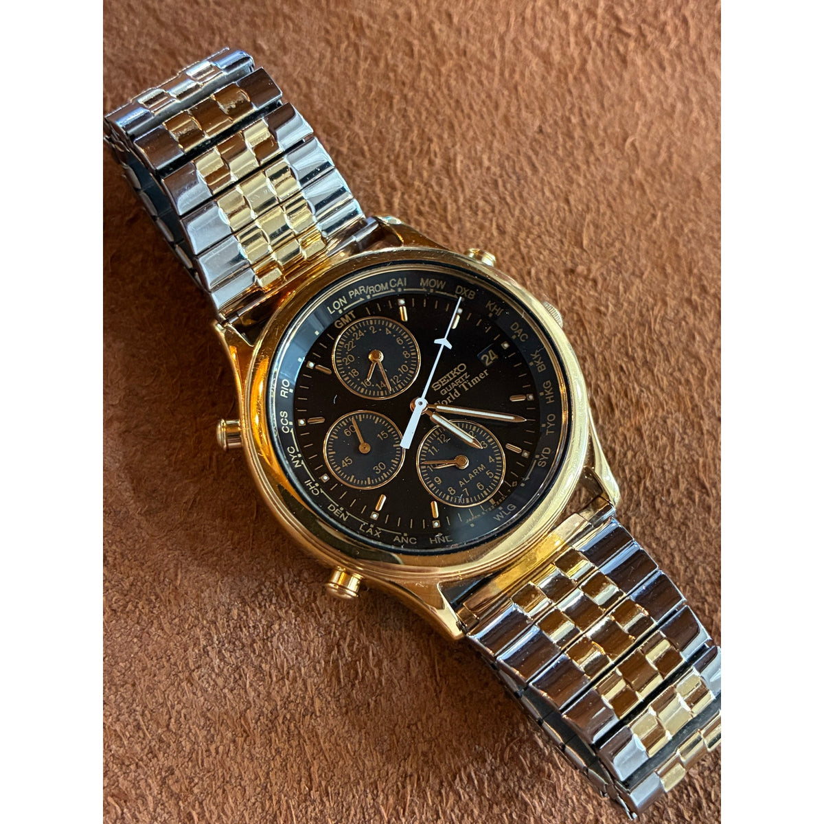 Vintage Seiko 5T52-6A39 World Timer GMT Alarm Black Gold Quartz Watch