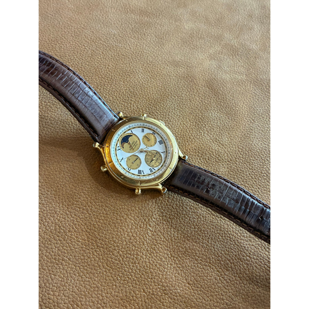 Vintage Seiko Age of Discovery 7T36-7A10 Moonphase Chronograph Alarm – Gold Tone
