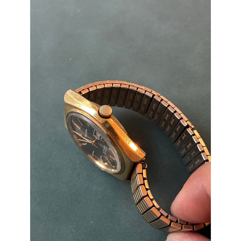 Vintage Bulova Automatic Dual Day Date Swiss Brown Dial Gold Tone Watch