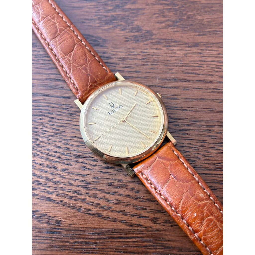 Bulova Men’s Gold Tone Quartz Dress Watch Textured Dial Brown Leather Runs