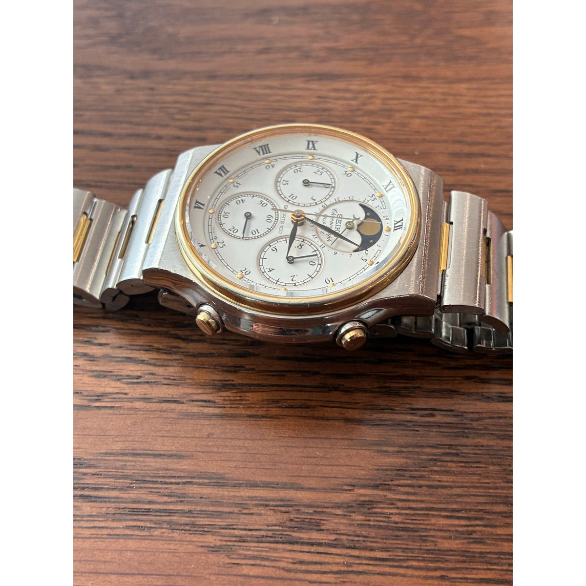 Seiko 7A48-7000 Moon Phase Chronograph Quartz Two Tone Men’s Watch Japan