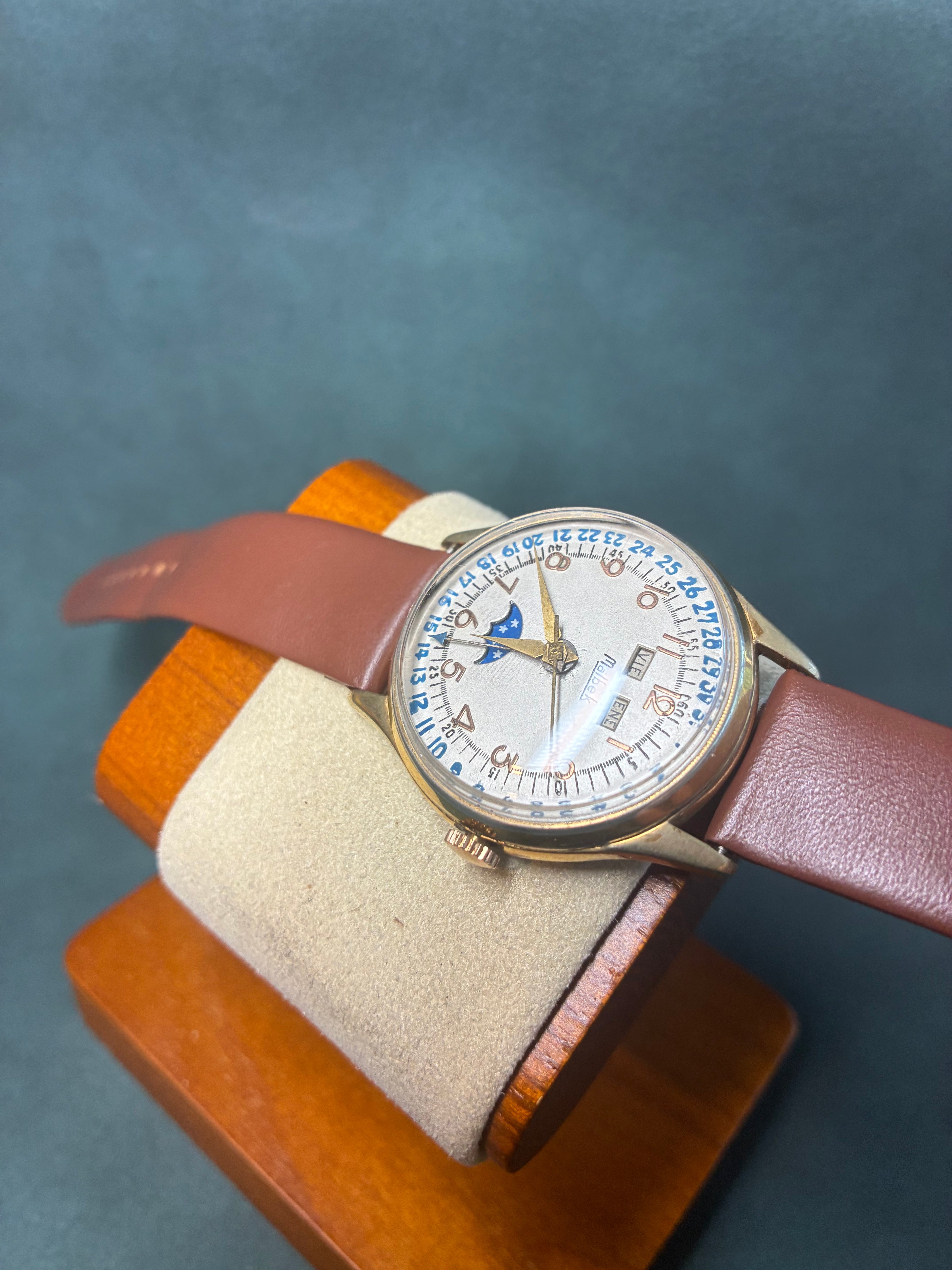 Vintage 50's Malbek Triple Calendar Moonphase Watch; Day, Date, Month Running Mid Century