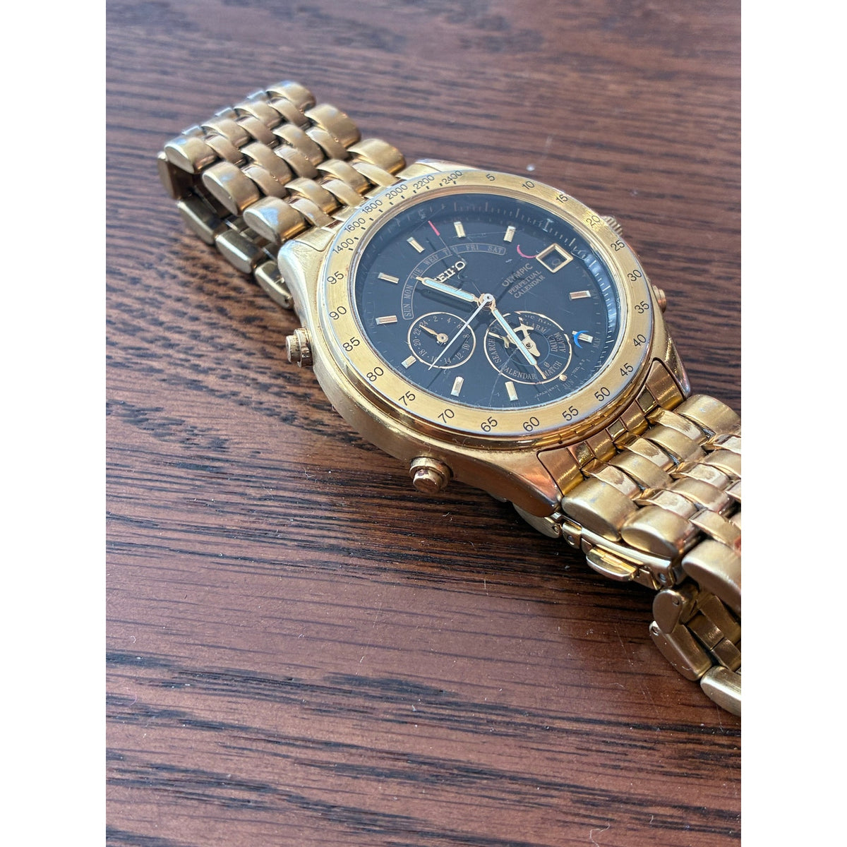 Seiko Olympic 6M13-702A Perpetual Calendar Gold Black Japan Men’s Watch