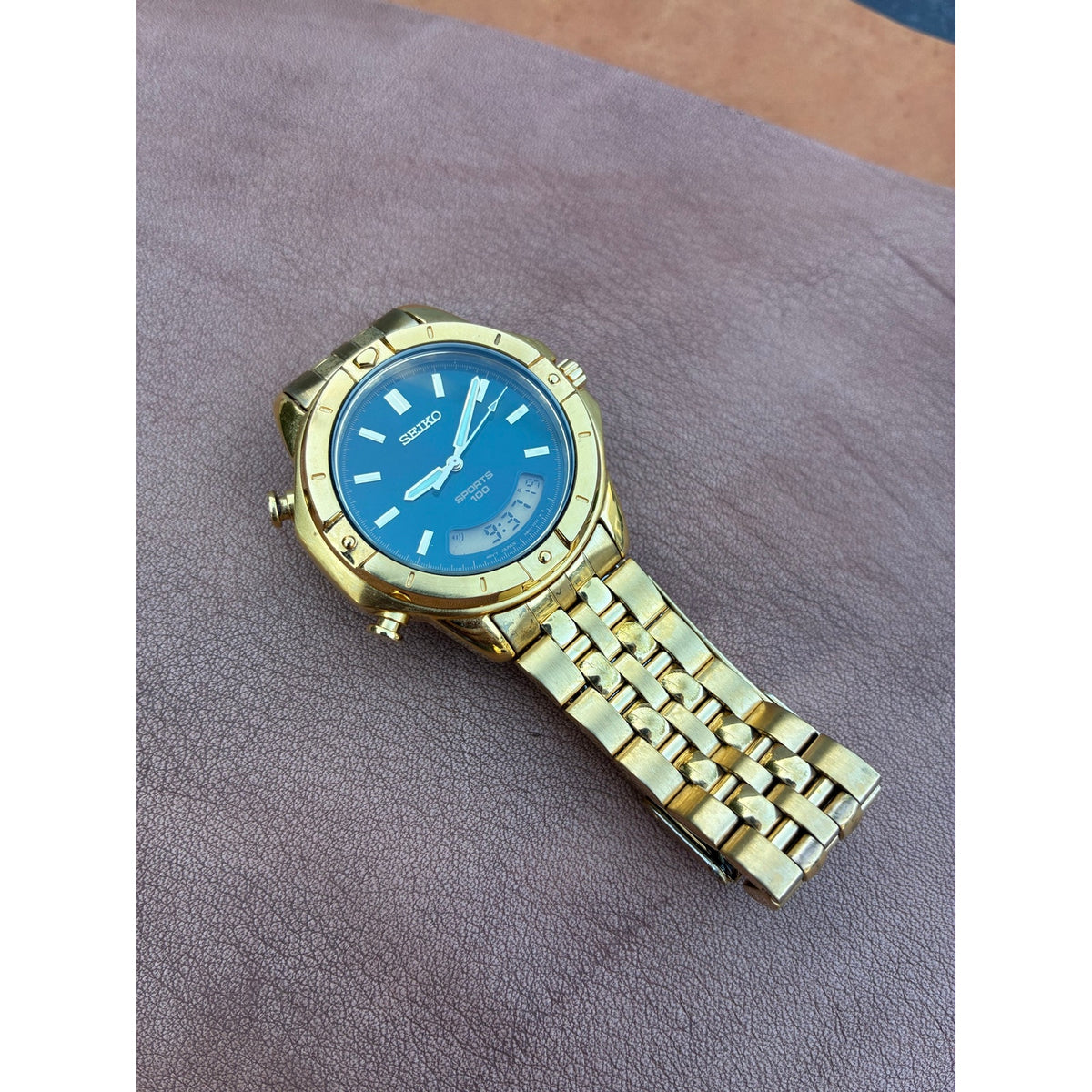 Vintage Seiko Sports 100 Ana Digi Blue Dial Gold Tone Quartz Watch 1990s