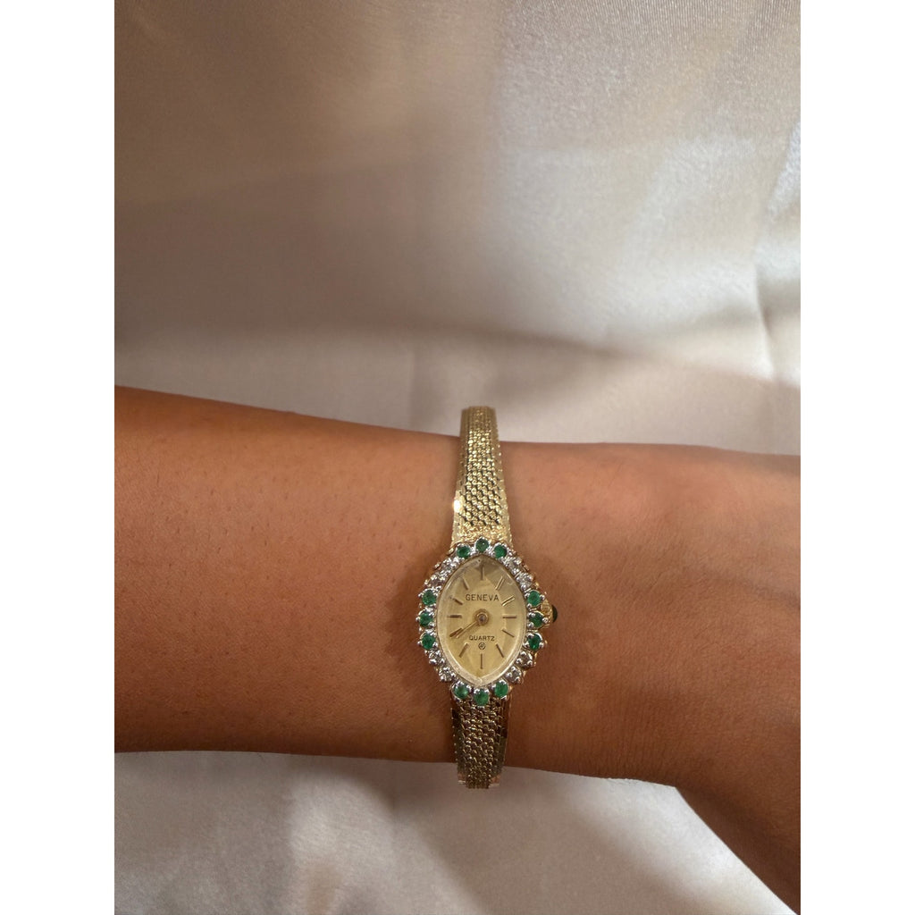 Vintage Geneva Ladies Gold Tone Cocktail Watch Green Rhinestone Bezel Quartz