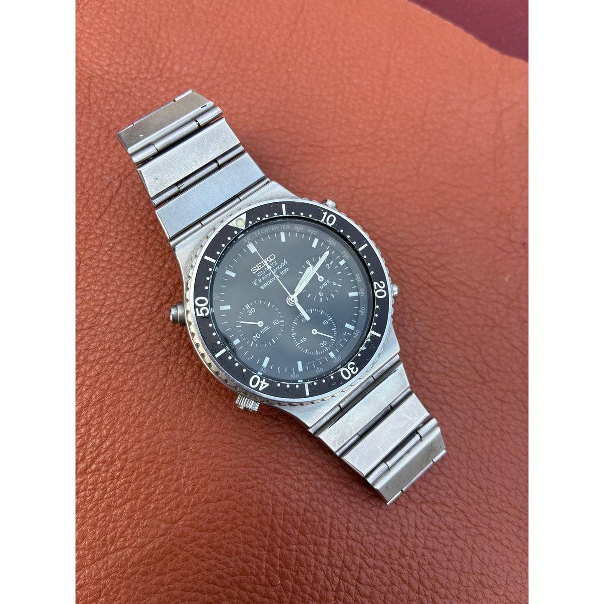 Vintage Seiko 7A28 -7049 Sports 100 Quartz Chronograph Black Dial Men’s Watch