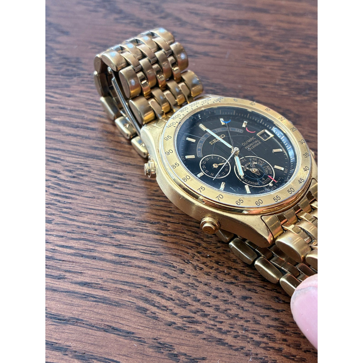 Seiko Olympic 6M13-702A Gold Perpetual Calendar Black Dial Men’s Watch Japan