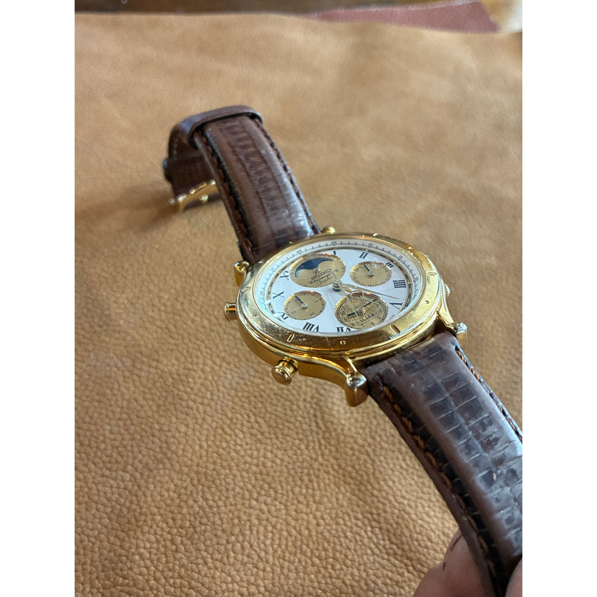 Vintage Seiko Age of Discovery 7T36-7A10 Moonphase Chronograph Alarm – Gold Tone