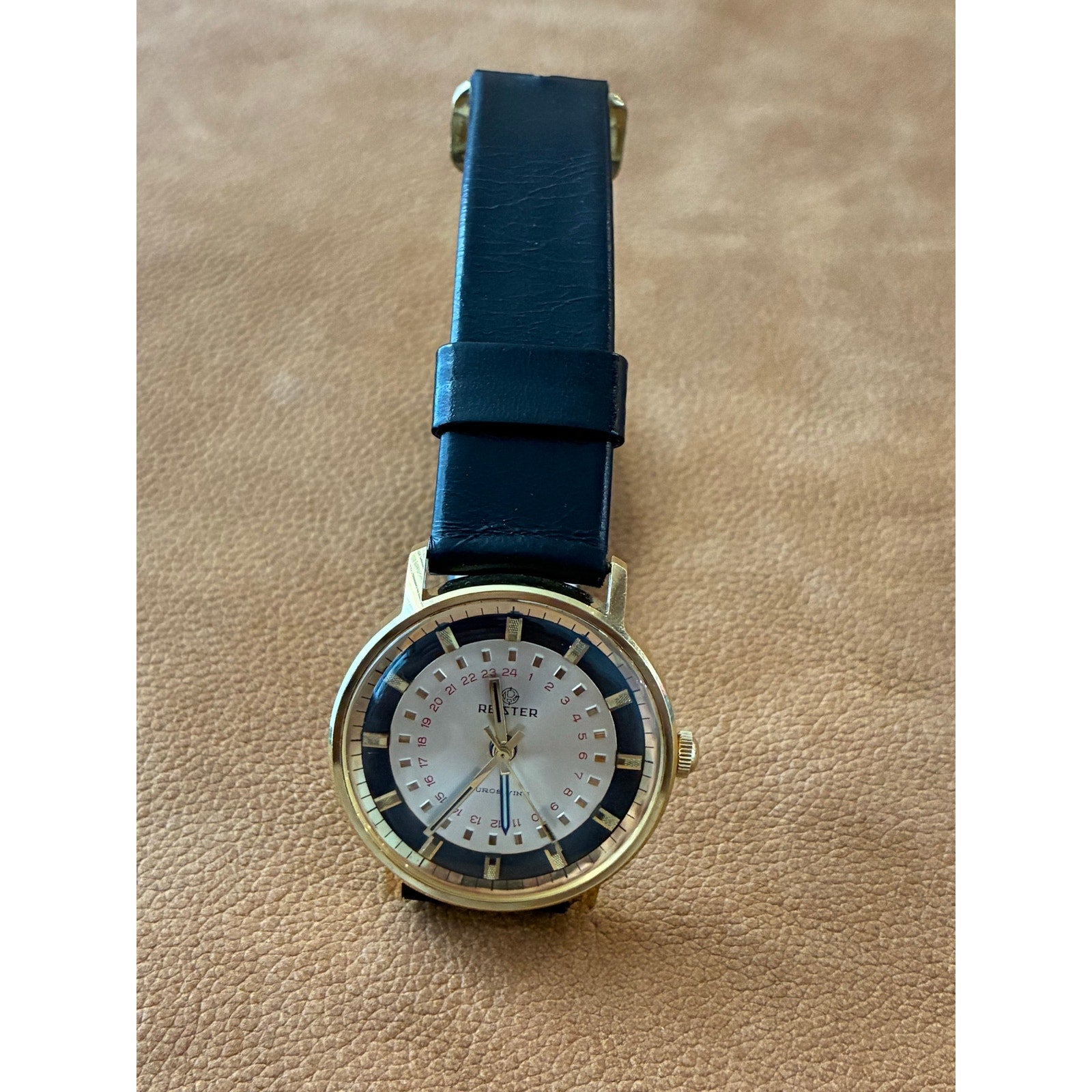Vintage Reister Swiss Manual Wind 24 Hour Display Gold Tone Men’s Watch Rare