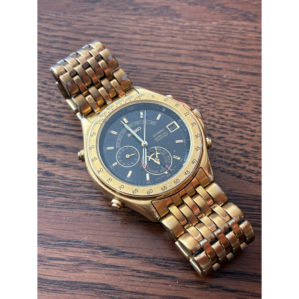 Seiko Olympic 6M13-702A Gold Perpetual Calendar Black Dial Men’s Watch Japan