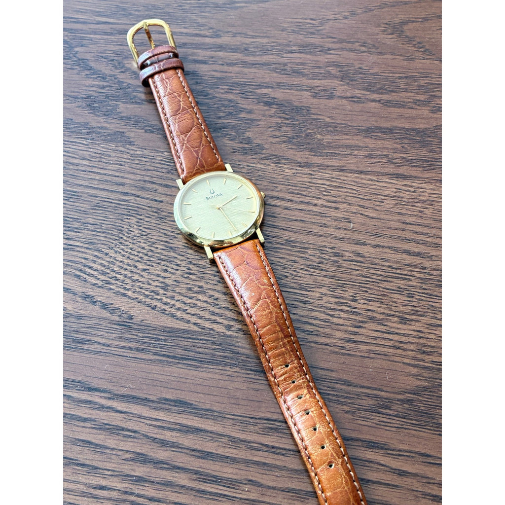 Bulova Men’s Gold Tone Quartz Dress Watch Textured Dial Brown Leather Runs