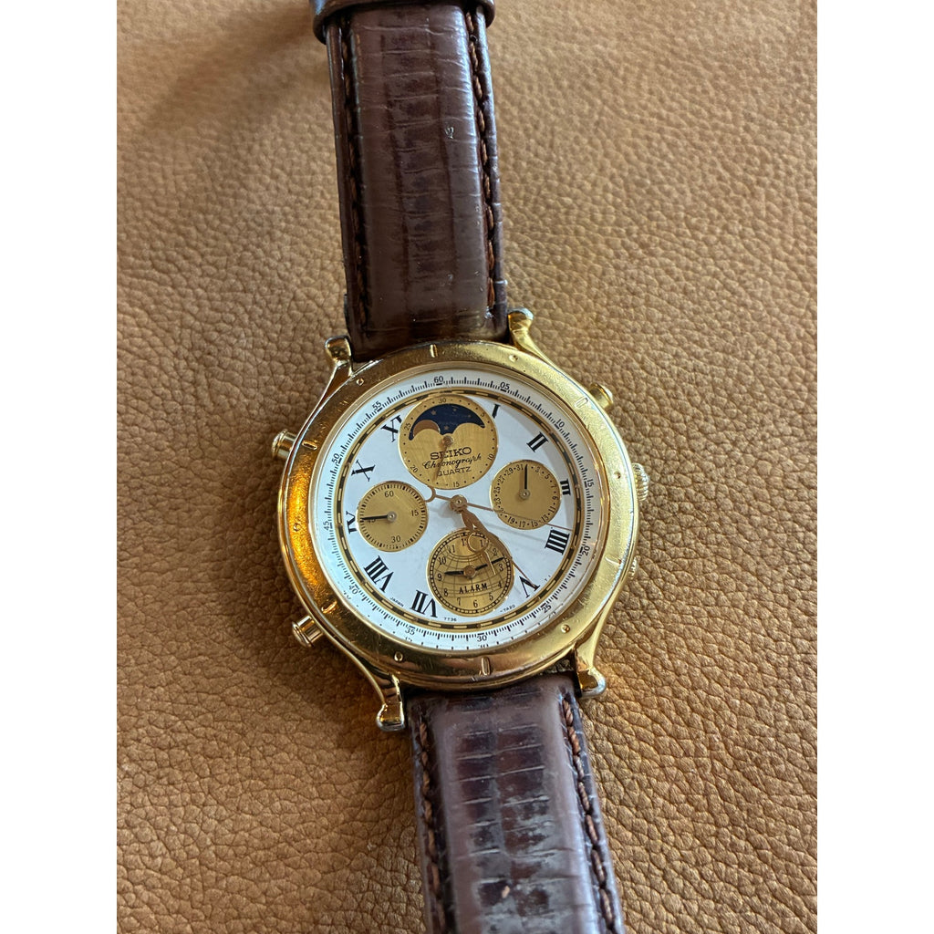 Vintage Seiko Age of Discovery 7T36-7A10 Moonphase Chronograph Alarm – Gold Tone