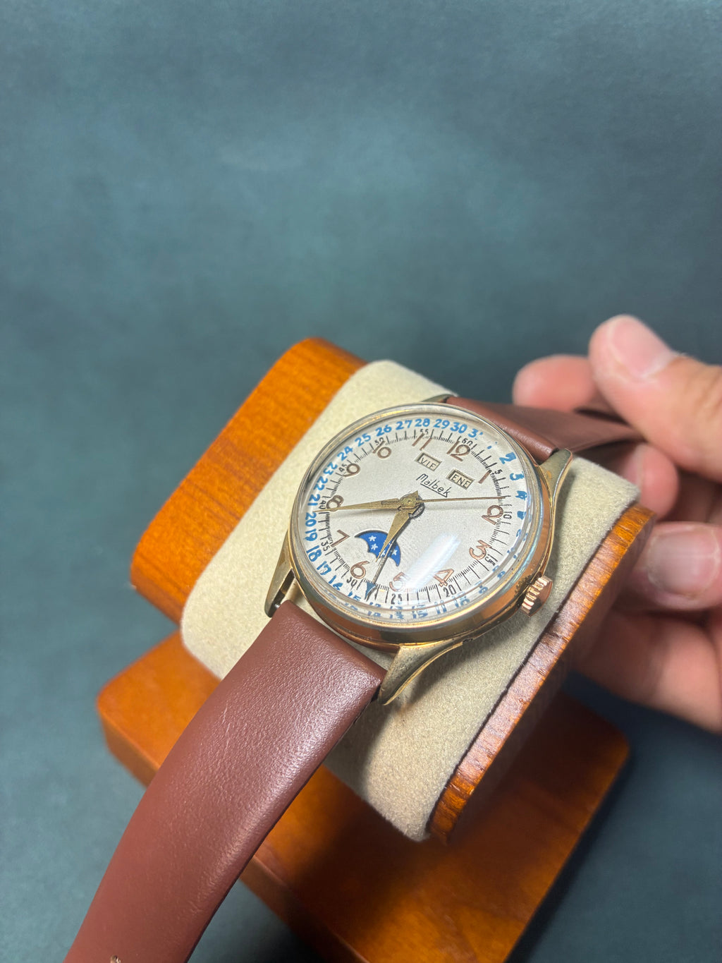 Vintage 50's Malbek Triple Calendar Moonphase Watch; Day, Date, Month Running Mid Century