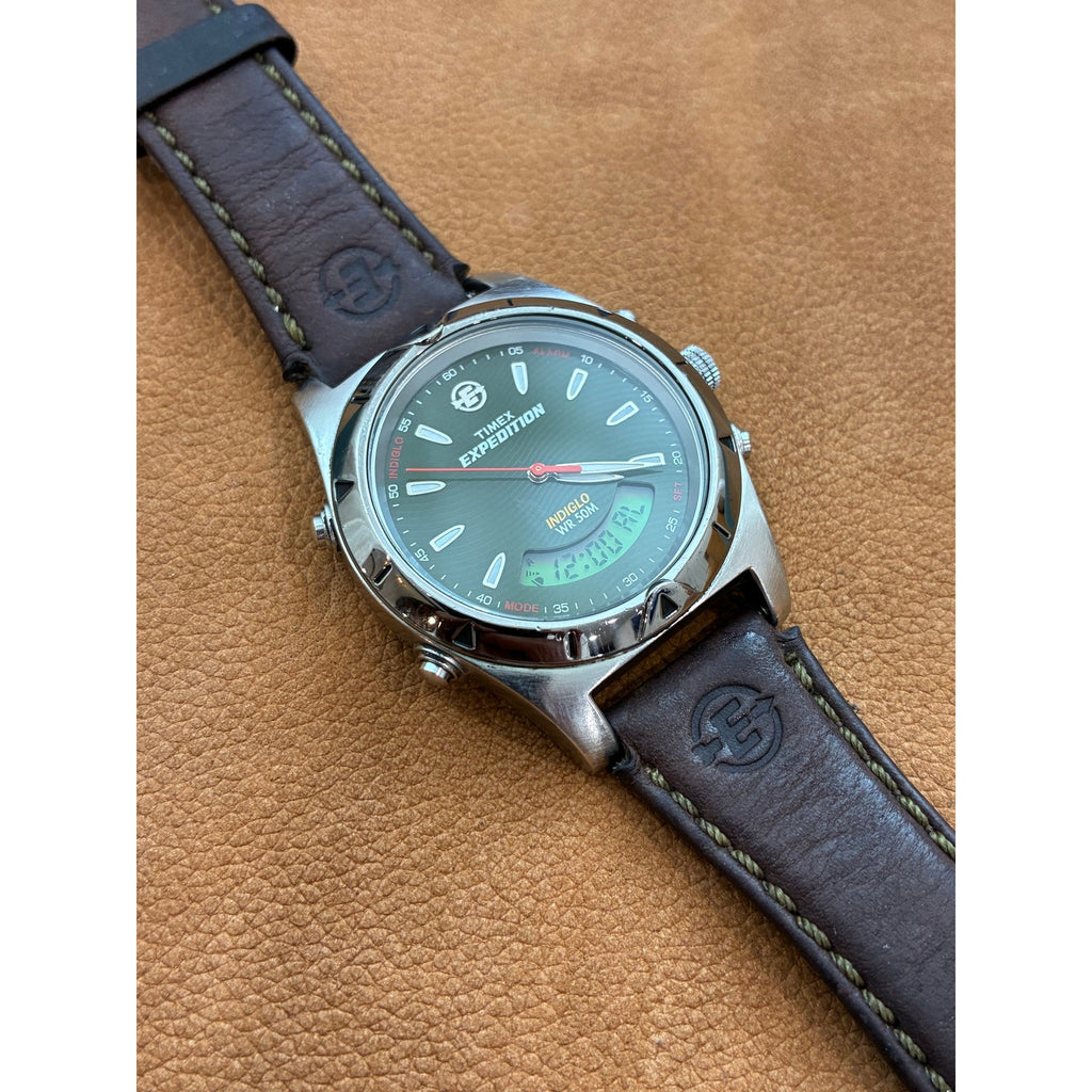 Timex Expedition Watch Men Silver Tone Green Dial Indiglo WR 50M New Battery