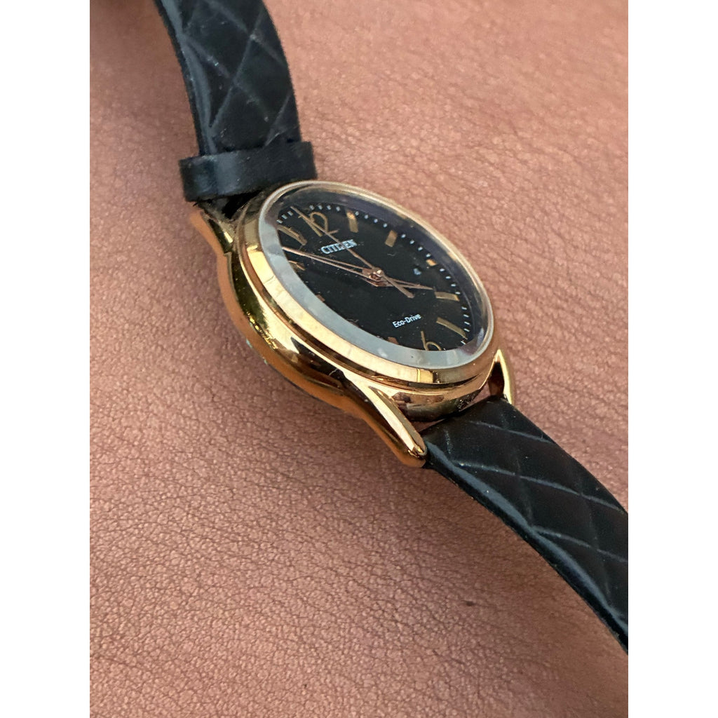 Citizen Eco-Drive J810-S108667 Gold Tone Black Dial Date Leather Watch