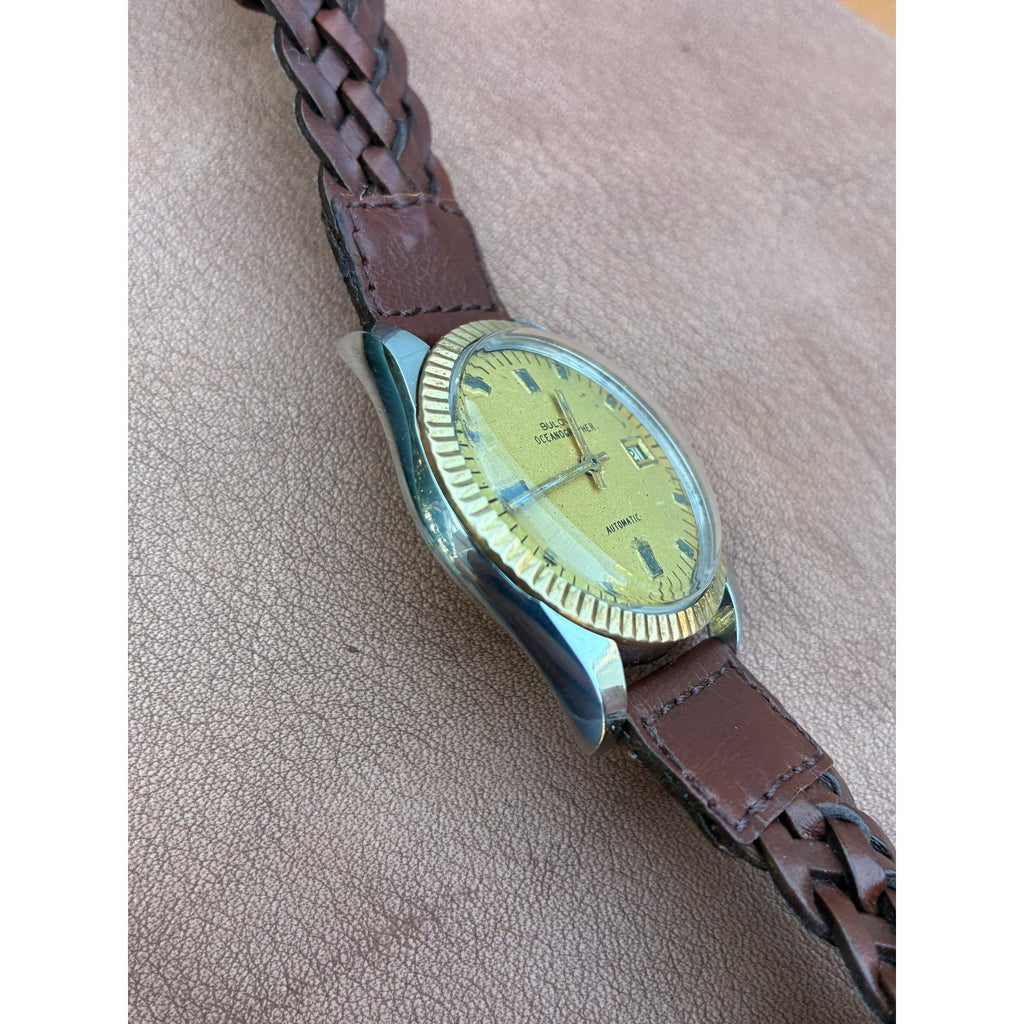 Vintage Bulova Oceanographer Automatic Solid 10K Gold Bezel Watch Running