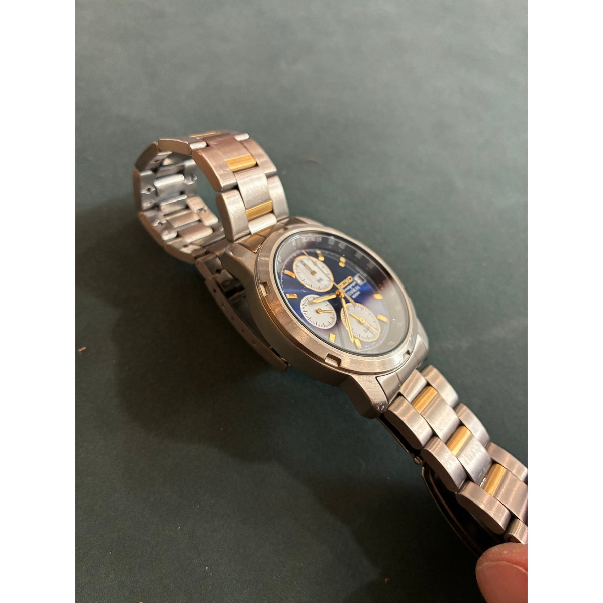 Vintage Seiko Titanium 100M 7T32 Alarm Chronograph Blue Panda Dial Two-Tone
