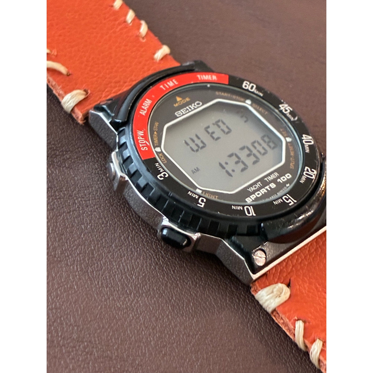 Seiko Sports 100 Yacht Timer A827-6000 Digital Watch Orange Leather Strap Runs