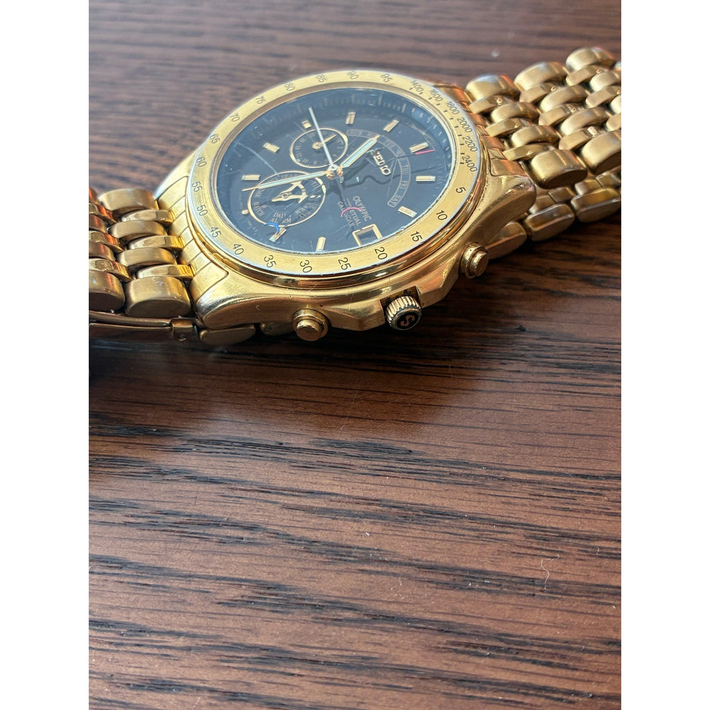 Seiko Olympic 6M13-702A Perpetual Calendar Gold Black Japan Men’s Watch