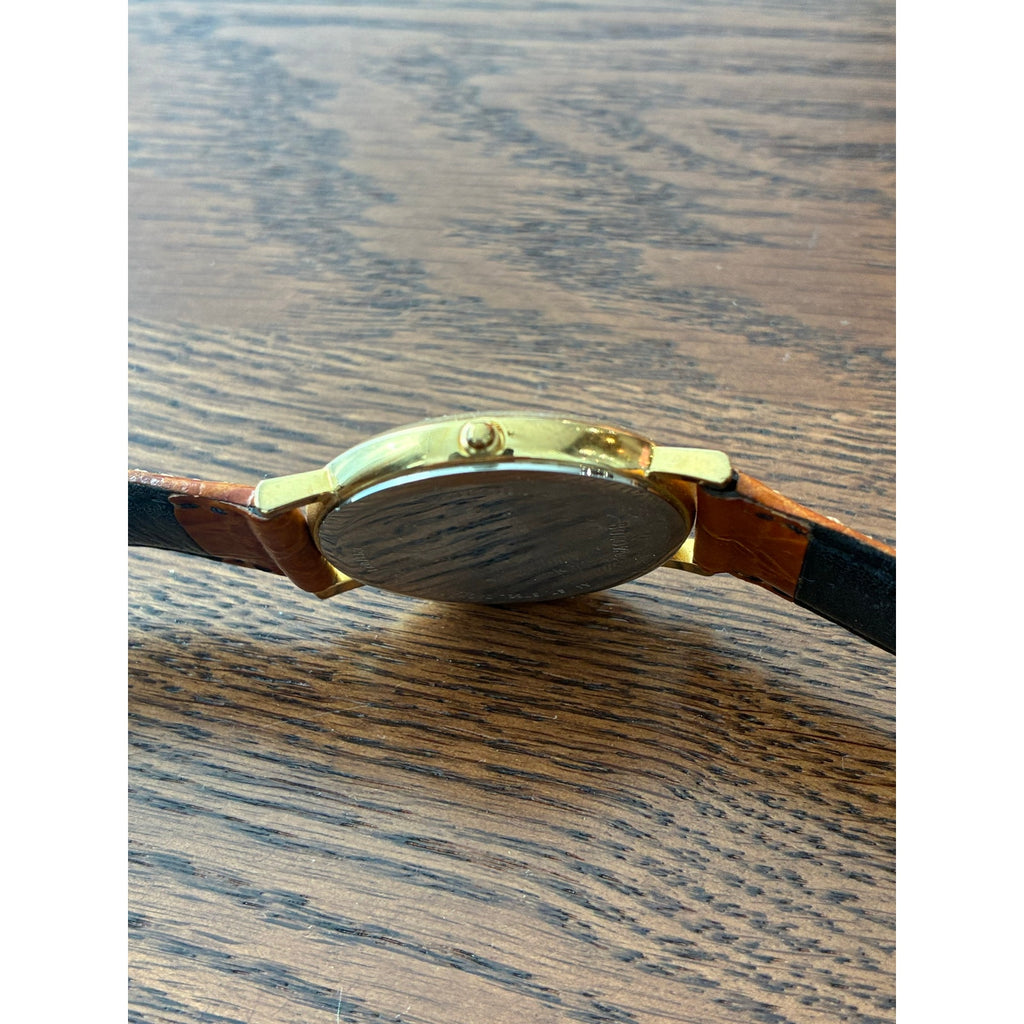 Bulova Men’s Gold Tone Quartz Dress Watch Textured Dial Brown Leather Runs