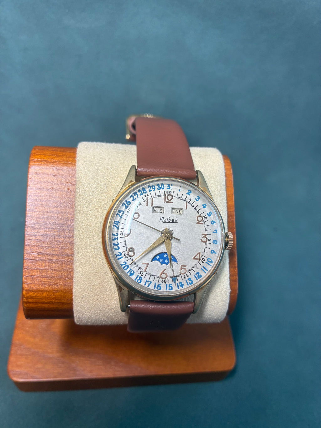 Vintage 50's Malbek Triple Calendar Moonphase Watch; Day, Date, Month Running Mid Century