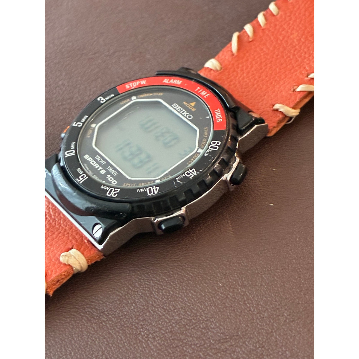Seiko Sports 100 Yacht Timer A827-6000 Digital Watch Orange Leather Strap Runs