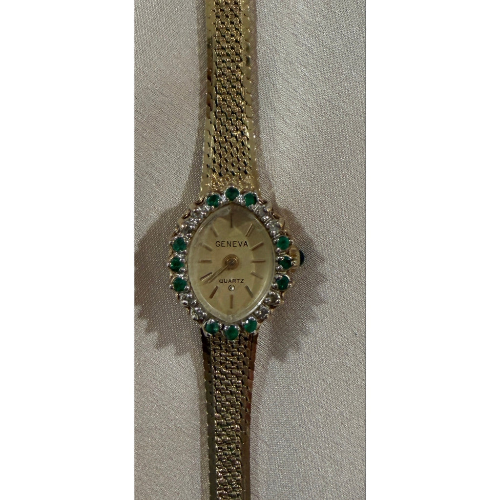 Vintage Geneva Ladies Gold Tone Cocktail Watch Green Rhinestone Bezel Quartz