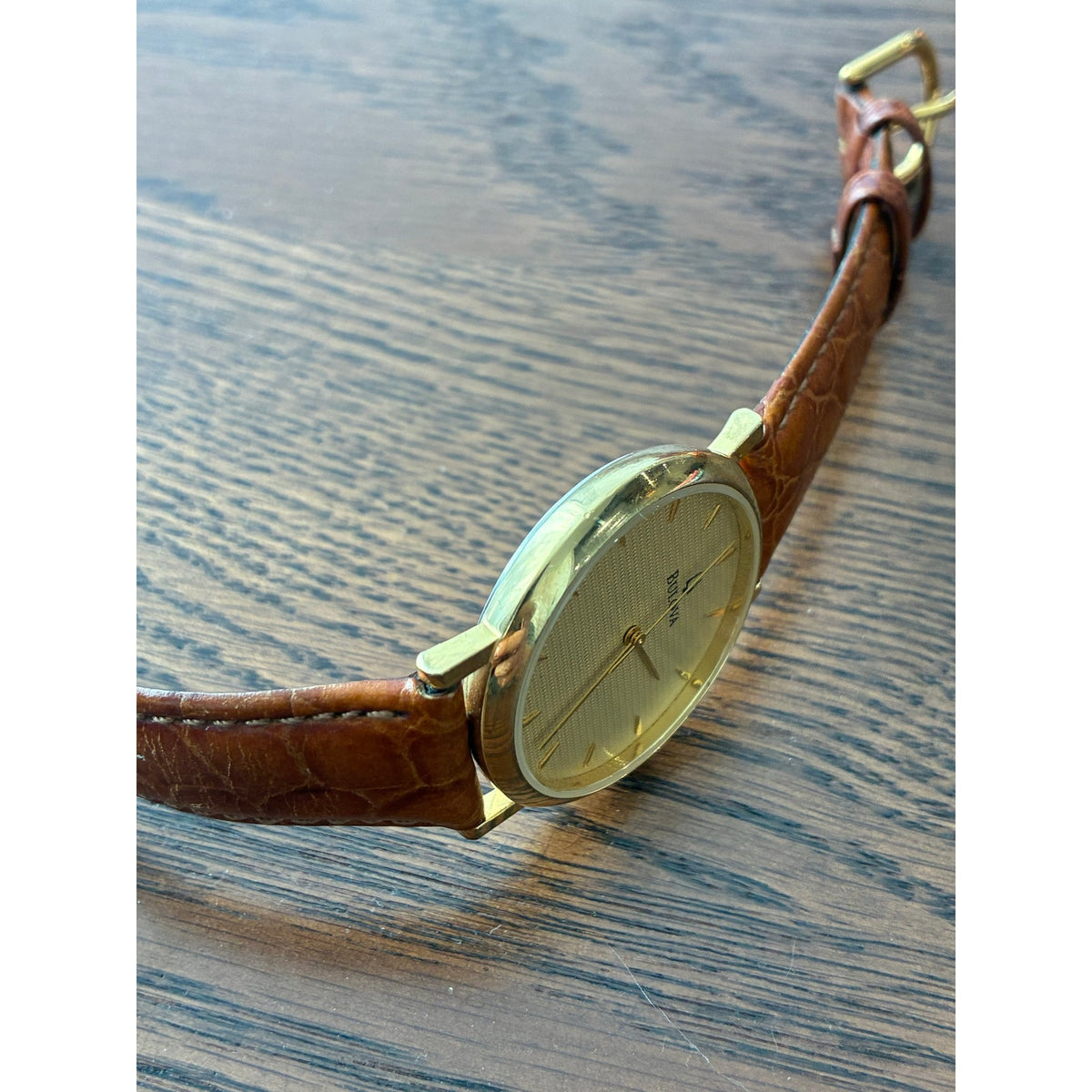 Bulova Men’s Gold Tone Quartz Dress Watch Textured Dial Brown Leather Runs