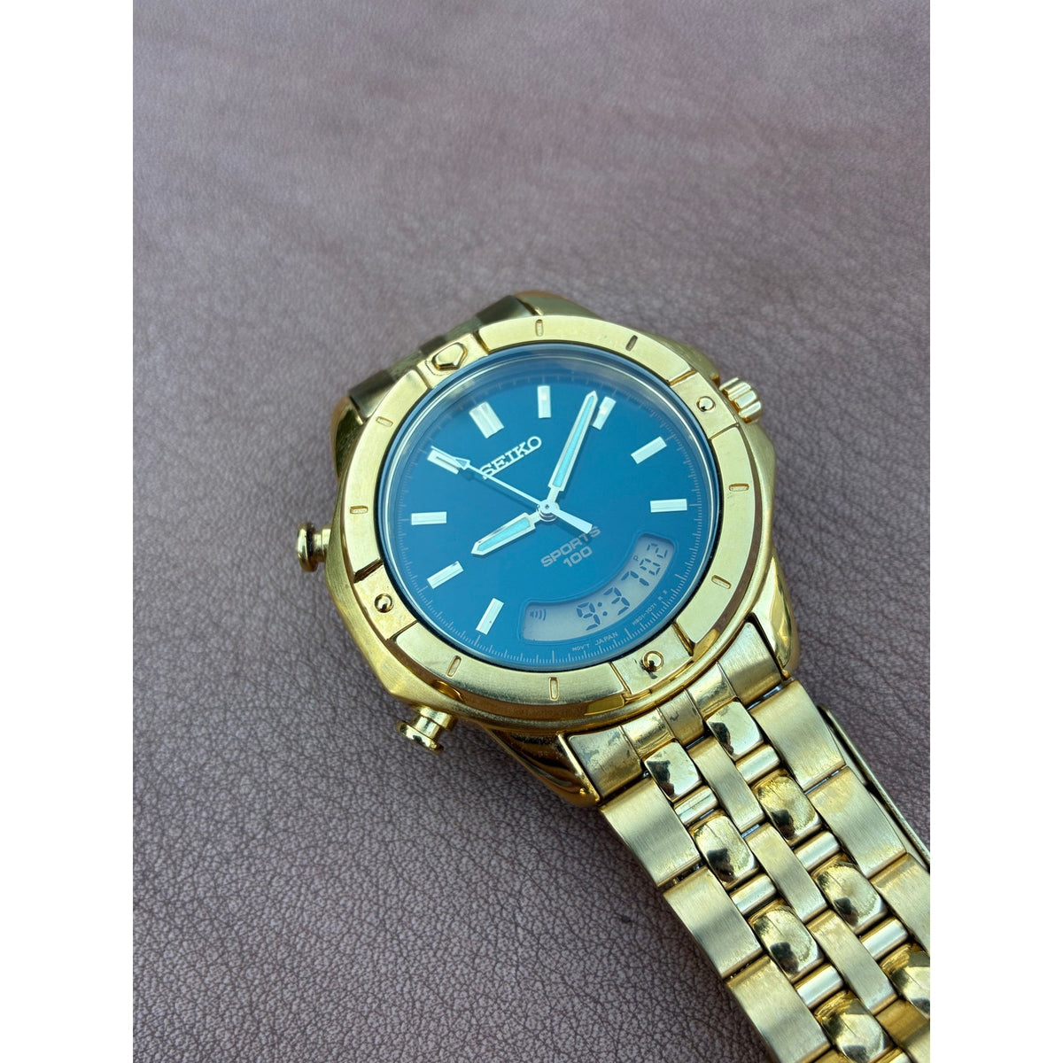 Vintage Seiko Sports 100 Ana Digi Blue Dial Gold Tone Quartz Watch 1990s