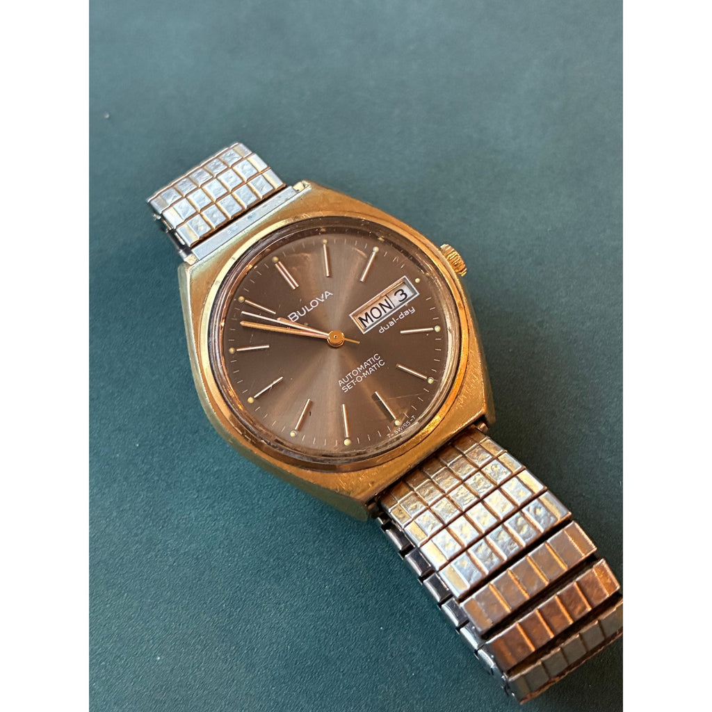 Vintage Bulova Automatic Dual Day Date Swiss Brown Dial Gold Tone Watch