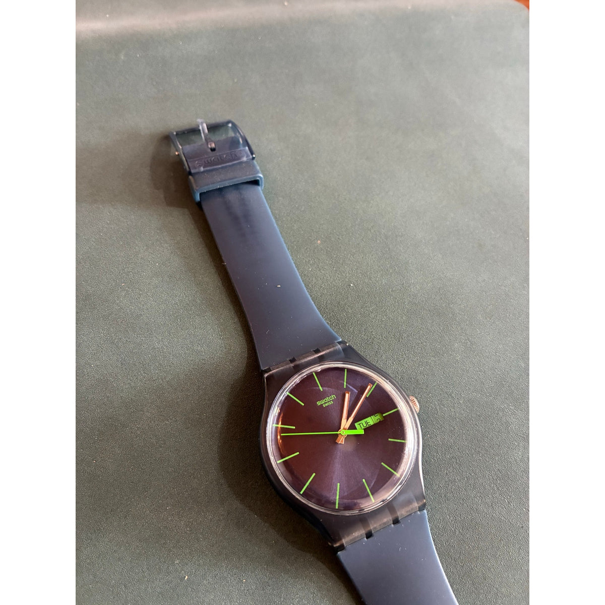 Vintage Swatch Swiss V8 Day Date Purple Green Transparent Quartz Watch