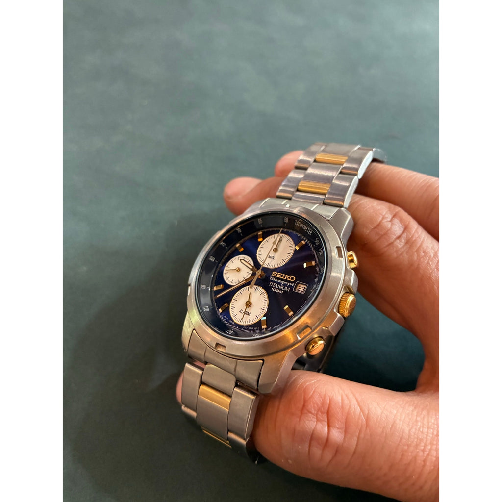 Vintage Seiko Titanium 100M 7T32 Alarm Chronograph Blue Panda Dial Two-Tone