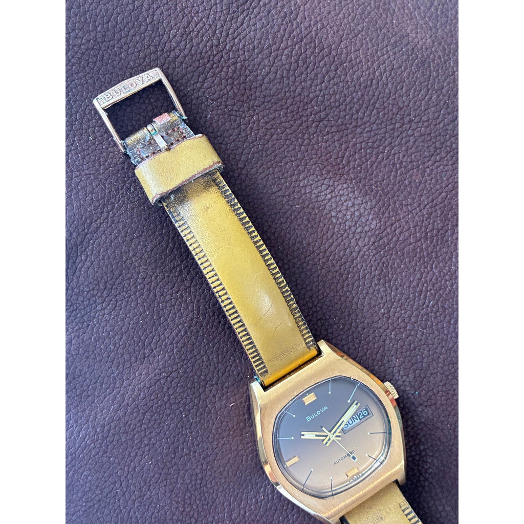 Vintage 1970s Bulova Jet Star Automatic Day Date Brown Dial Mens Watch