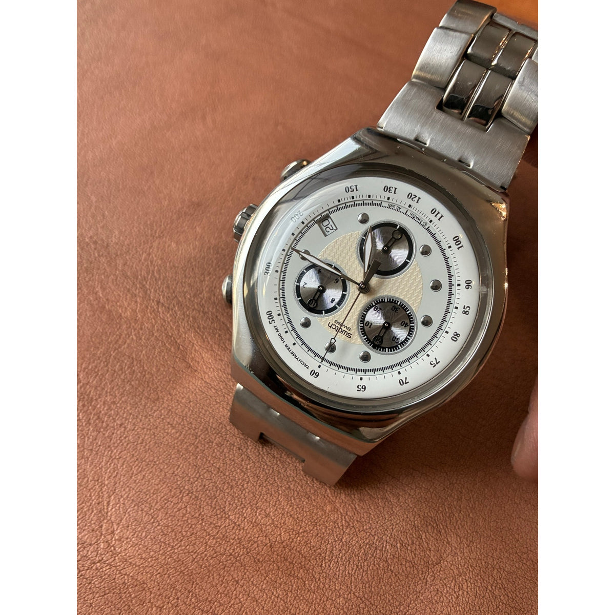 Swatch Irony Chronograph White Dial Stainless Steel Swiss Watch YCS