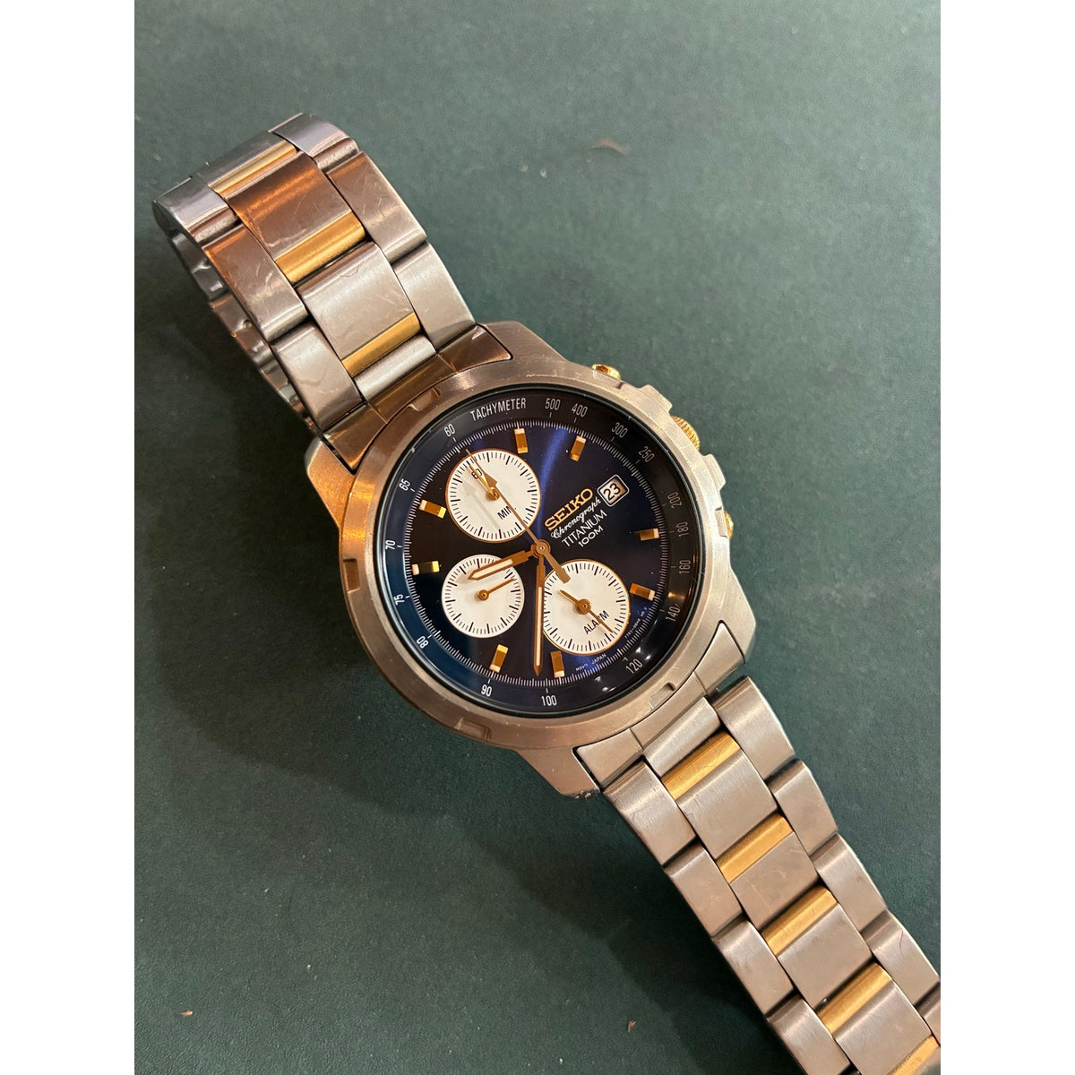 Vintage Seiko Titanium 100M 7T32 Alarm Chronograph Blue Panda Dial Two-Tone