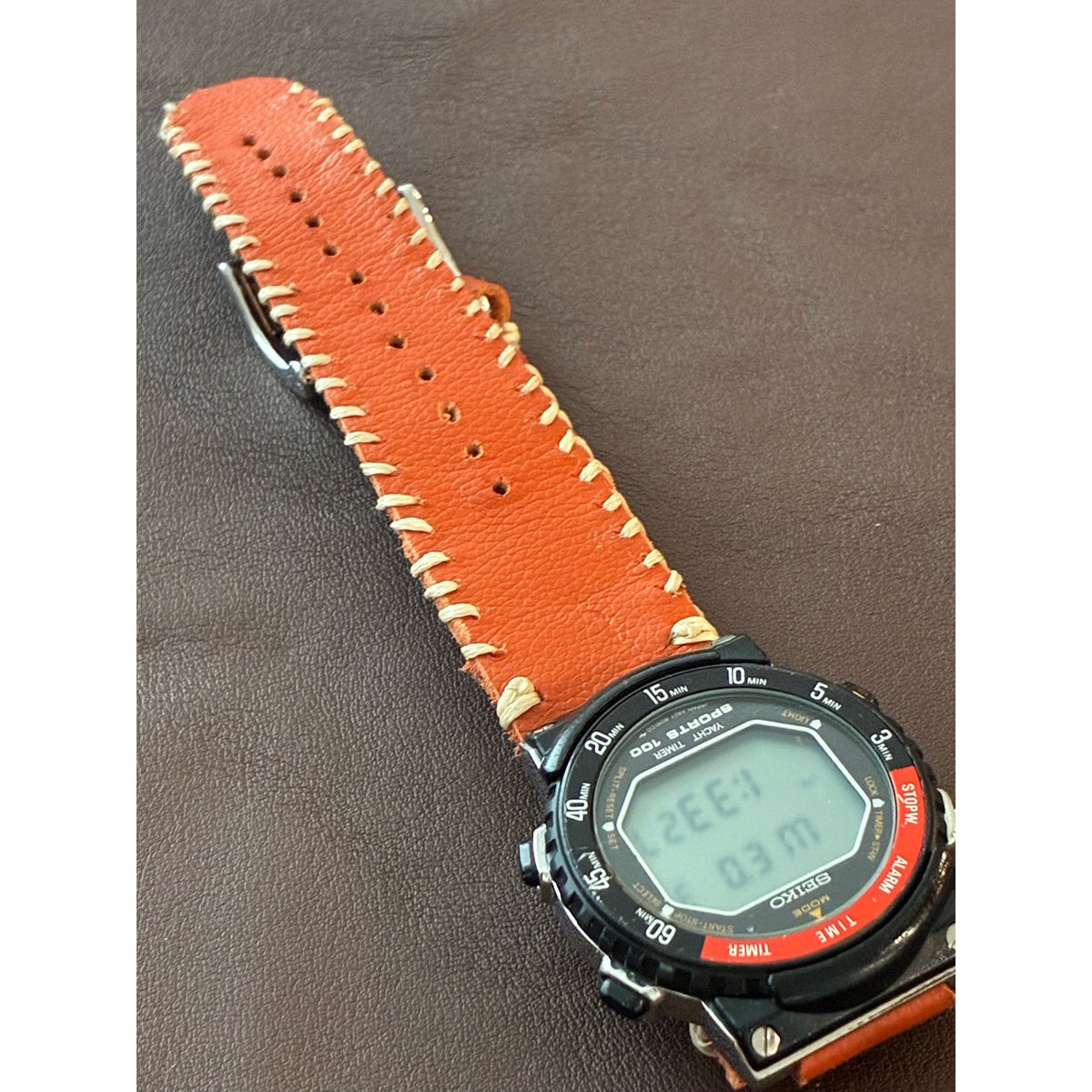 Seiko Sports 100 Yacht Timer A827-6000 Digital Watch Orange Leather Strap Runs