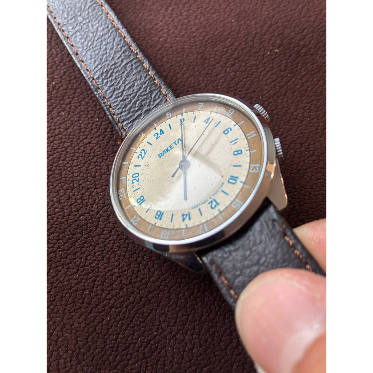 Vintage Raketa 24 Hour Russian Mechanical Watch Rotating Bezel Cream Dial