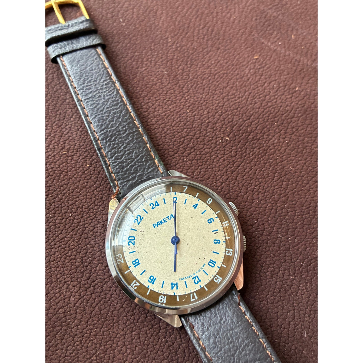 Vintage Raketa 24 Hour Russian Mechanical Watch Rotating Bezel Cream Dial
