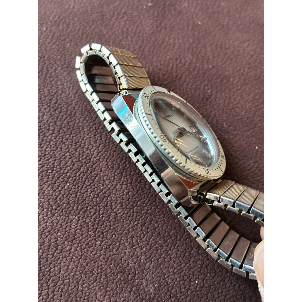Vintage Timex Automatic Diver Watch Date Silver Dial Rotating Bezel
