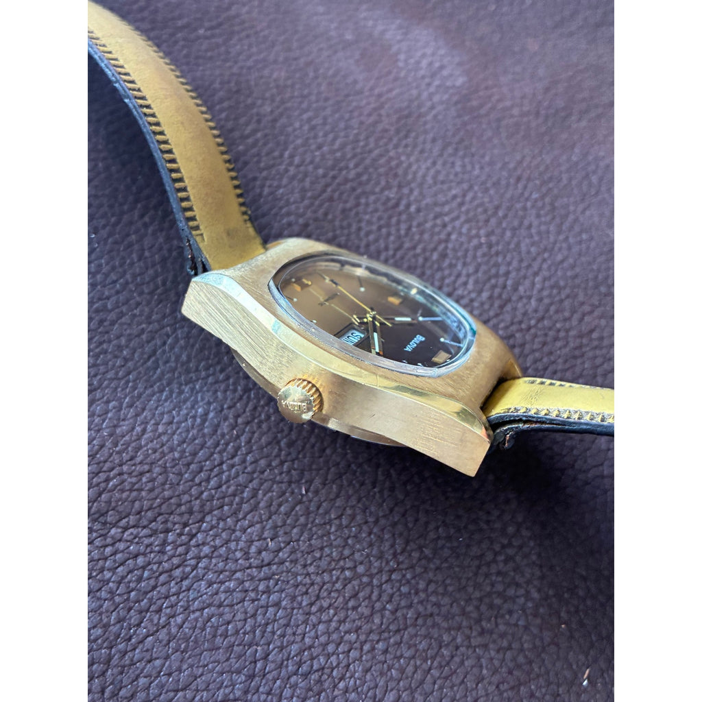 Vintage 1970s Bulova Jet Star Automatic Day Date Brown Dial Mens Watch