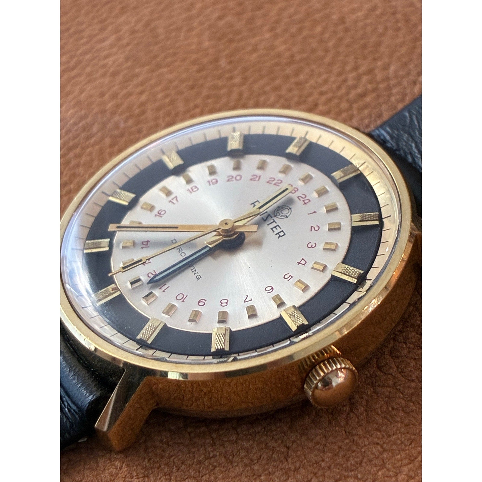 Vintage Reister Swiss Manual Wind 24 Hour Display Gold Tone Men’s Watch Rare