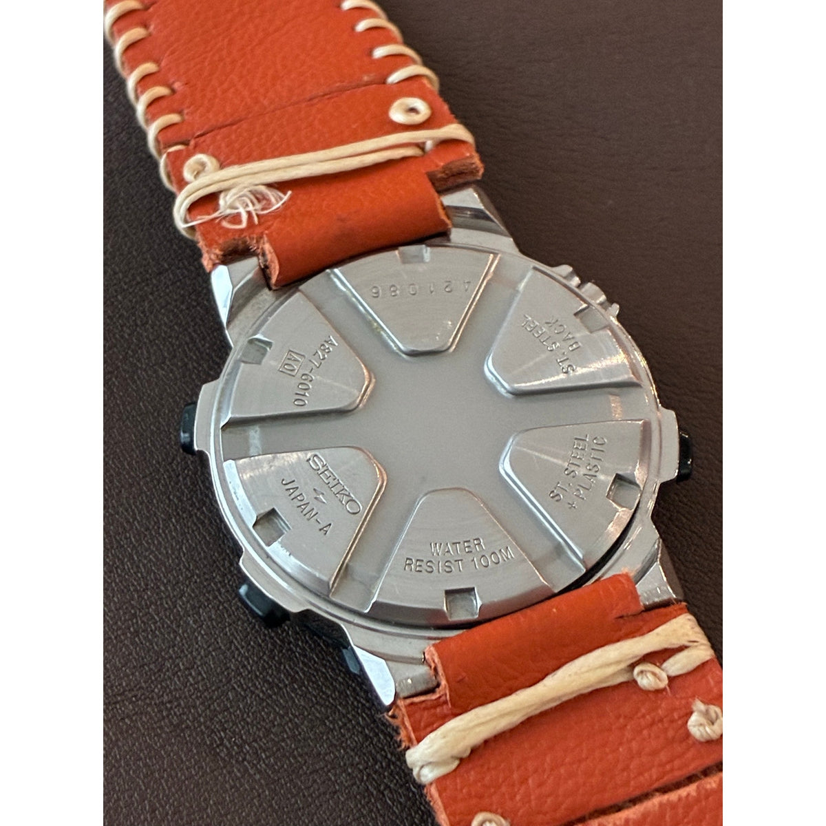 Seiko Sports 100 Yacht Timer A827-6000 Digital Watch Orange Leather Strap Runs